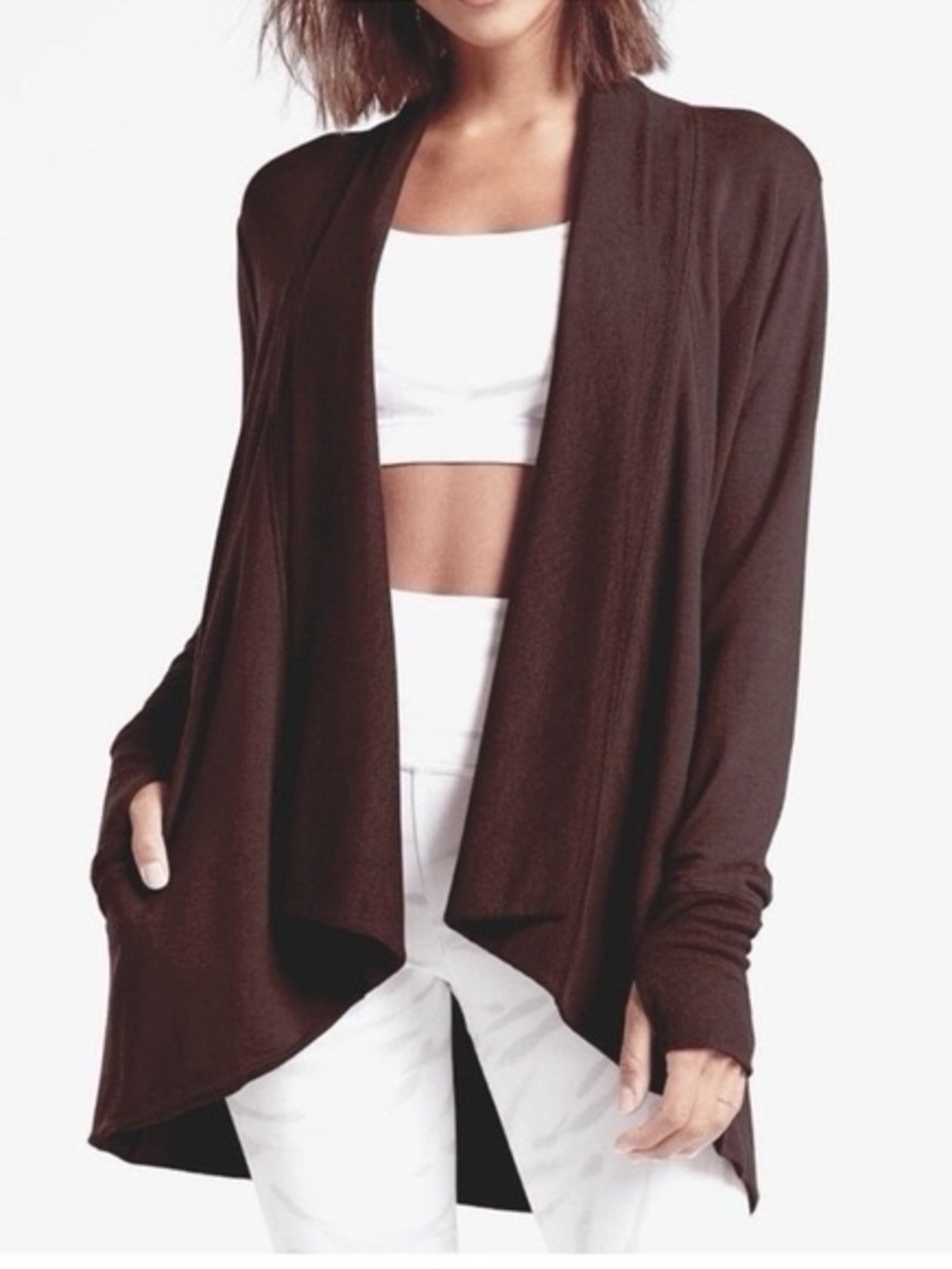 Open-Front Draped Cardigan Sweater in Deep Brown